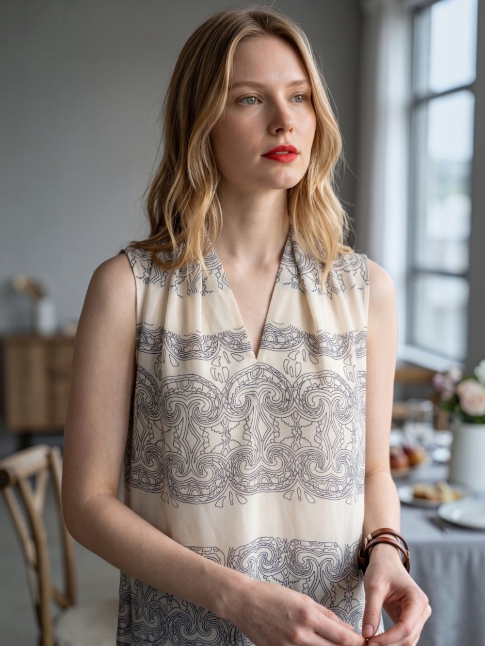 Cabi Scrollwork Ivory and Black Tunic #3091 Size Large
